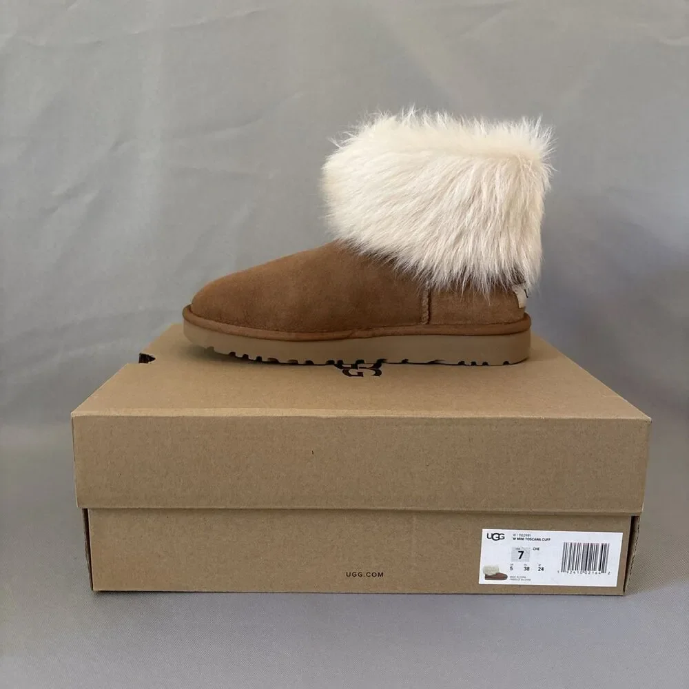 UGG Chestnut Suede Ankle Booties with Ivory Fur Cuff - Picture 11 of 12
